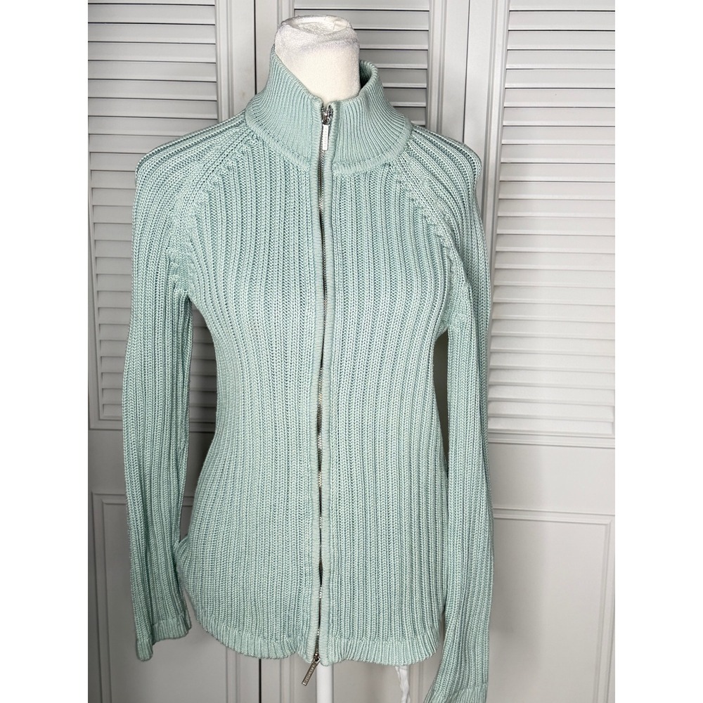 Talbots Small Aqua Ribbed Full Zip Cardigan Sweater Cotton Rayon Two Way Zip